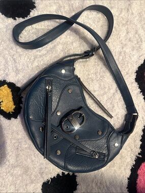Jessica Simpson Navy Blue Leather Shoulder Bag with Silver Hardware